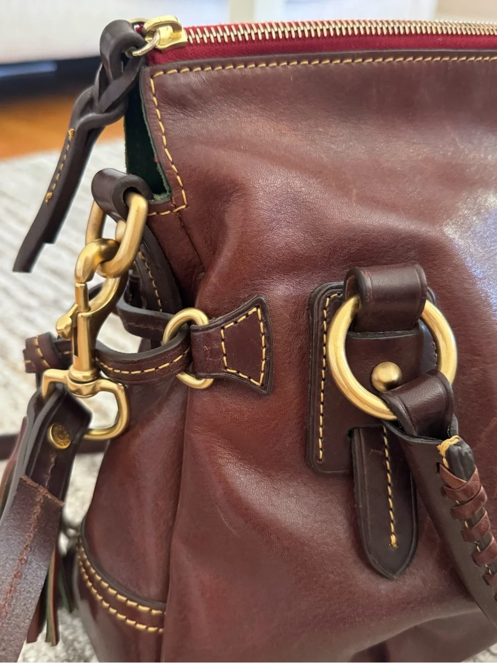 Dooney & Bourke Deep Burgundy Leather Satchel with Gold Hardware
